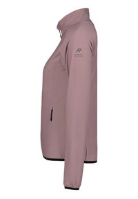 Ljusrosa zip-jacka med hög krage, texturerad tyg, sidoficka och svarta detaljer vid fållen och ärmarna. Har logotyp på ärmen.