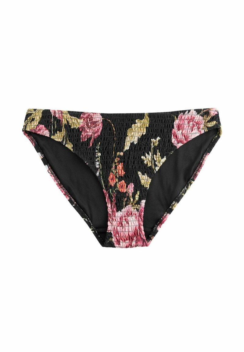 Blommig bikiniunderdel med svart bas och rosa samt gröna rosor, samlad textur och en slät inredningsfoder.