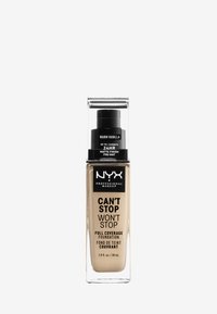 NYX Can't Stop Won't Stop foundation in warme vanille, helder glazen fles, zwarte pompkap, matte afwerking etiket, 30 ml capaciteit.
