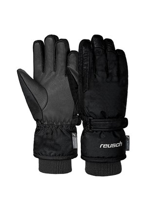 Schwarze Handschuhe aus Leder und Stoff, mit einer strukturierten Handfläche, elastischem Bündchen und Markenlogo. Entworfen für Wärme und Flexibilität.