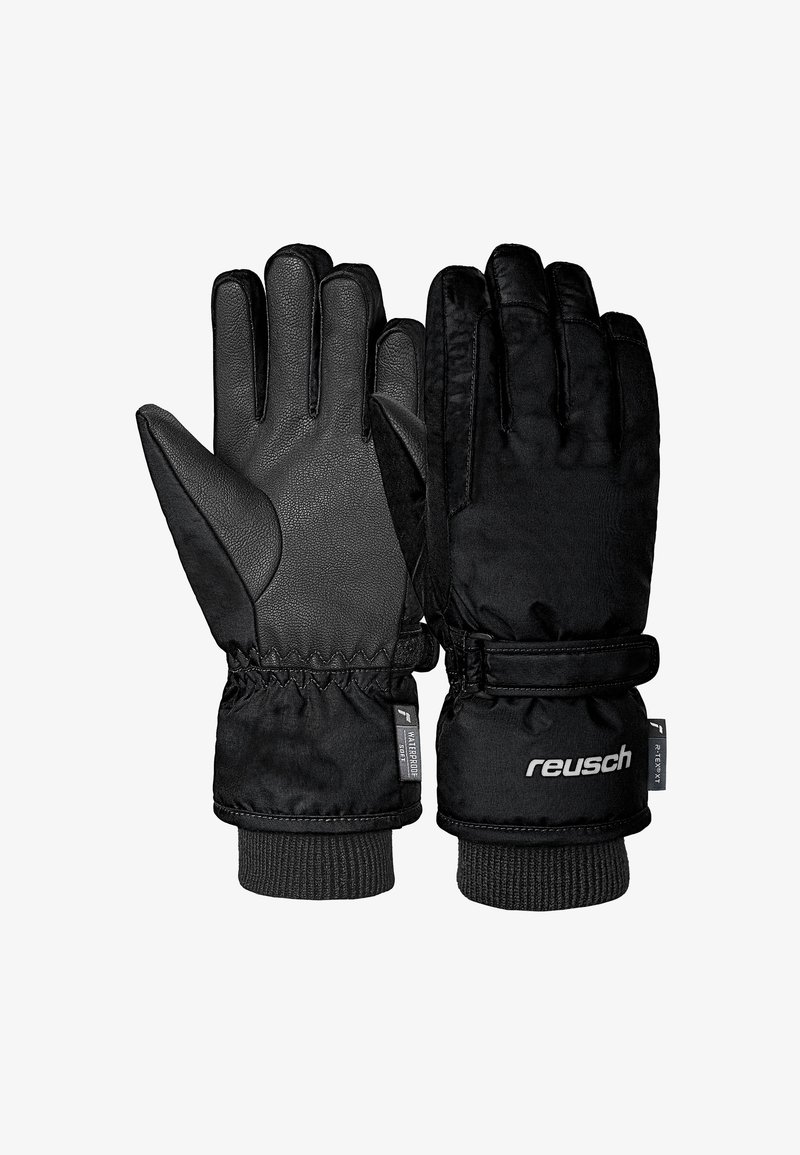 Svart handskar i läder och tyg, med en texturerad handflata, elastiskt manschett och varumärkeslogotyp. Designade för värme och flexibilitet.