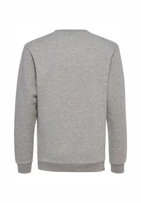 Sweat-shirt gris avec un design simple, col rond, manches longues, poignets et taille côtelés, fabriqué dans un tissu doux et texturé.