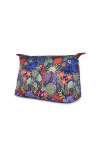 Kleurrijke portemonnee met bloemenpatroon, voorzien van een donkerblauwe achtergrond, rode accenten en een gladde stoffen textuur. Ritssluiting aan de bovenkant.