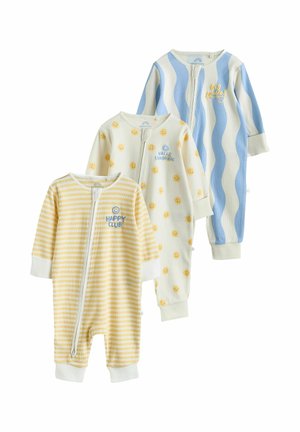 Three baby onesies with front zippers, one yellow striped with "Happy Club" text, one white with yellow sun faces and "Hello Sunshine," and one blue and white wavy stripes.