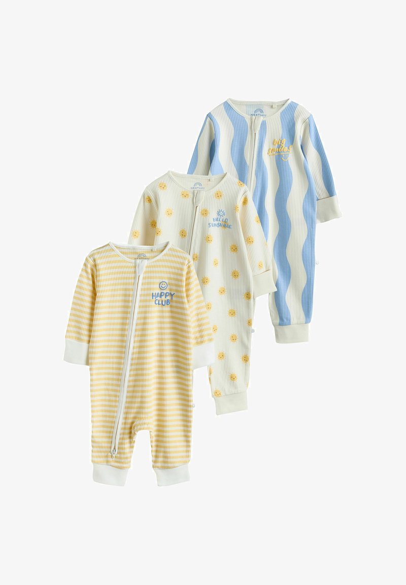 Drei Baby-Strampler mit Reißverschlüssen vorne, einer gelb gestreift mit dem Text "Happy Club", einer weiß mit gelben Sonnen-Gesichtern und dem Text "Hello Sunshine" und einer mit blau-weißen wellenförmigen Streifen.