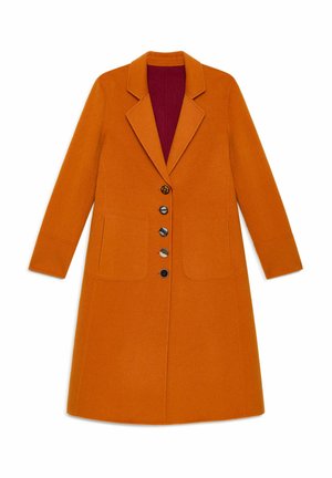 Orange wool coat with a notched lapel, five button closure, two front pockets, and a contrasting burgundy interior lining.