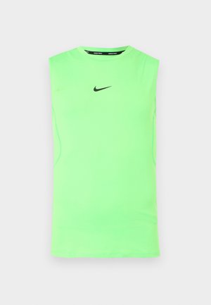 Neongrøn ærmeløs Nike Pro atletisk trøje med sort Nike swoosh-logo på brystet og rund halsudskæring.