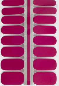 Rows of deep pink, rounded rectangular adhesive nail wraps on a white backing sheet with a central pink and silver strip.