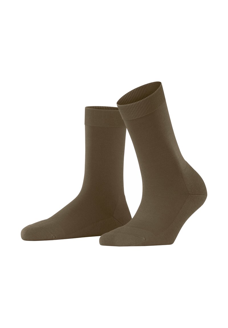 Braune Crew-Socken mit gerippten Bündchen, aus einem glatten, dehnbaren Material gefertigt. Mit nahtlosem Zehenbereich und verstärktem Fersenbereich für Langlebigkeit.