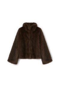 Giacca in pelliccia sintetica marrone con colletto alto, maniche lunghe e vestibilità ampia. La texture è morbida e pelosa, offrendo un aspetto accogliente.