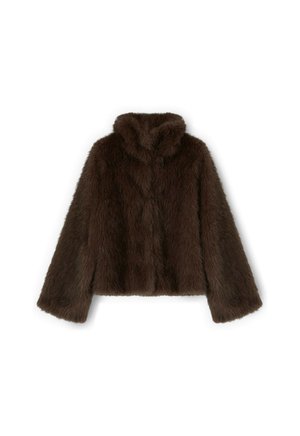 Brown faux fur jacket with a high collar, long sleeves, and a boxy fit. The texture is soft and fuzzy, providing a cozy appearance.