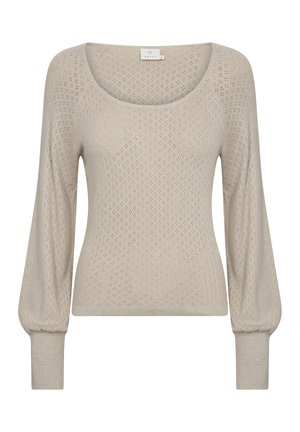 Pleteni pulover u svijetloj bež boji s izrezom u obliku lijevka, dugim puf rukavima i rebrastim manžetama. Ima uzorak otvorenog rada za dodatnu teksturu.