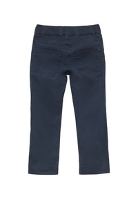 Navyblauwe katoen broek met elastische tailleband, ontworpen met vijf zakken en rechte pijpen. Glad textuur, minimale stikseldetails.
