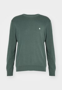 Sweat-shirt vert à col rond en tissu doux, avec manches longues et petit logo blanc sur la poitrine gauche. Poignets et ourlet côtelés.