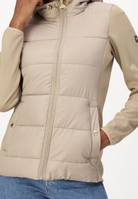 Béžová prošívaná bunda s přiléhavým střihem, vybavená zipem, kapucí a zlatými kovovými doplňky; vyrobená z kombinovaných tkanin pro pohodlí.