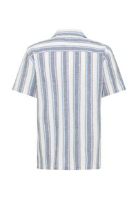 Camisa de manga corta con rayas verticales en azul, gris y amarillo sobre un fondo blanco; con cuello, corte relajado y tejido texturizado.