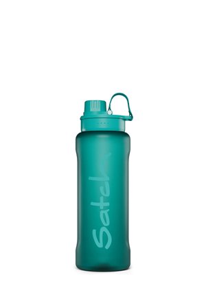 Teal reusable water bottle with a flip-top lid, carrying loop, and "Satch" logo printed vertically on the body.