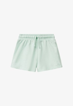 Pantaloni shorts in cotone verde menta chiaro con vita elastica, cordoncino regolabile e piccolo logo ricamato sull'orlo.