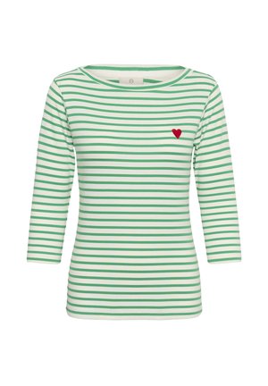 White long-sleeve shirt with green horizontal stripes and a small red heart embroidered on the left chest.