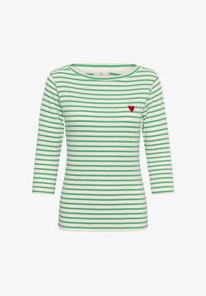 White long-sleeve shirt with green horizontal stripes and a small red heart embroidered on the left chest.