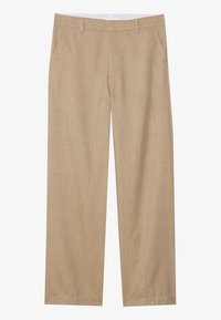 Pantalons beige sur mesure avec un motif à carreaux subtil, en tissu léger, dotés de poches latérales et d'une coupe droite.