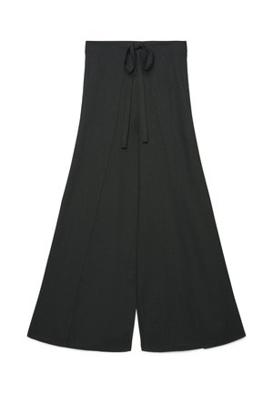 Pantaloni neri a gamba larga con vita alta e dettaglio di cintura annodata sul davanti, mostrati distesi su uno sfondo bianco.