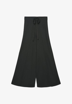 Pantaloni neri a gamba larga con vita alta e dettaglio di cintura annodata sul davanti, mostrati distesi su uno sfondo bianco.