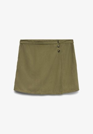 Oliven grøn nederdel med en glat tekstur, der har tre mørke knapper foran og sidelommer. Let A-formet silhuet.