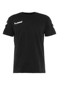 Sort bomulds t-shirt med korte ærmer, der har et hvidt "hummel" logo på brystet og hvide chevron detaljer på ærmerne.