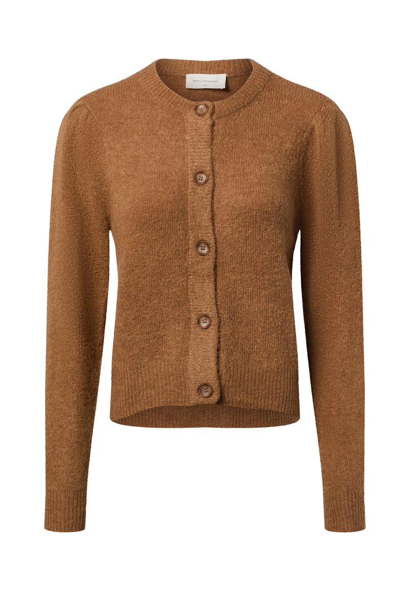 Brown knit cardigan with a round neckline, five button front closure, and ribbed cuffs. Soft texture and slightly cropped fit.