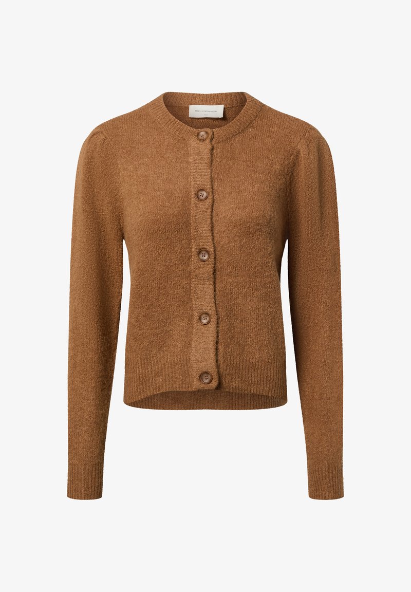 Brown knit cardigan with a round neckline, five button front closure, and ribbed cuffs. Soft texture and slightly cropped fit.