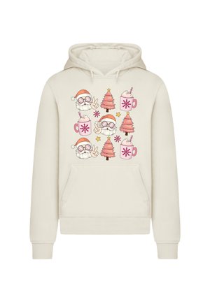 Cream hoodie featuring holiday-themed graphics: Santa faces, pink trees, mugs with whipped cream, and stars in various colors. Soft texture, relaxed fit.