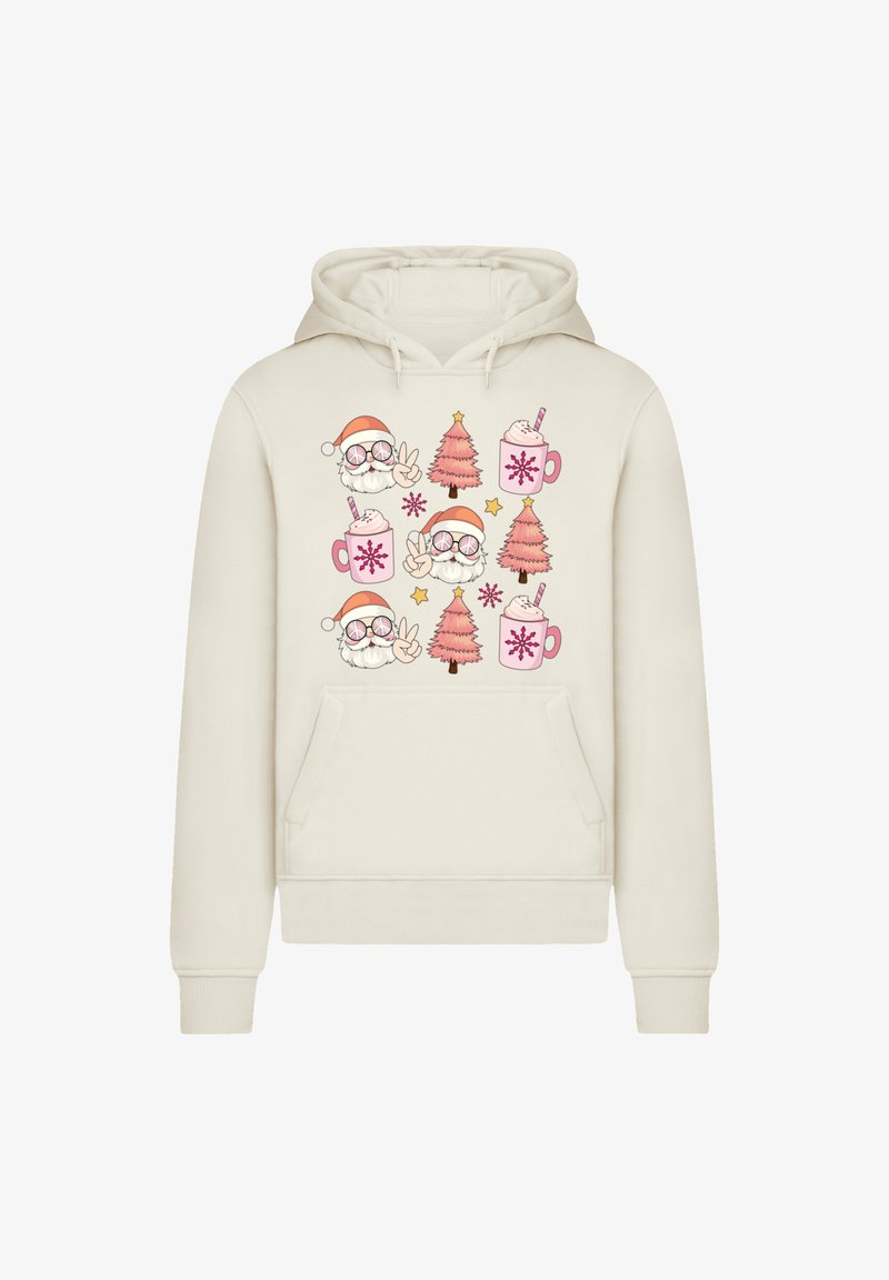 Cream hoodie featuring holiday-themed graphics: Santa faces, pink trees, mugs with whipped cream, and stars in various colors. Soft texture, relaxed fit.