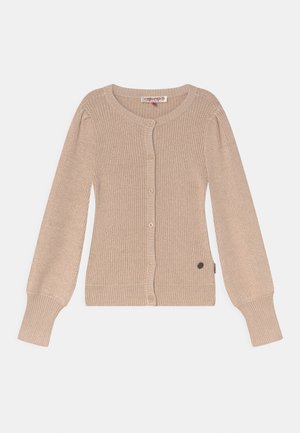 Beige, gerippte Strickjacke mit langen Puffärmeln, rundem Ausschnitt und vorderer Knopfleiste in taillierter Passform.