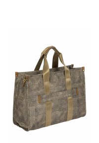 Grand sac en tissu tissé beige et marron avec des poignées beiges robustes, des accents en cuir et une forme rectangulaire structurée.