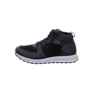 Schwarzer High-Top-Sneaker mit Schnürverschluss, weißer Sohle und Zuglasche an der Ferse, von der Außenseite gezeigt.
