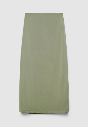 Eleganter, knielanger Rock aus einem weichen olivgrünen Stoff. Verfügt über eine glatte Textur mit einem einfachen elastischen Bund und einer geraden Silhouette.