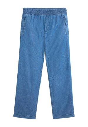 Lichtblauwe denim broek met een elastische tailleband, zijzakken, een brede pijpdesign en een soepele textuur, met subtiele stikseldetails.