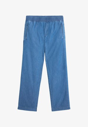 Jasnoniebieskie dżinsy z elastycznym pasem, bocznymi kieszeniami, szerokimi nogawkami oraz gładką teksturą, z delikatnymi detalami szycia.