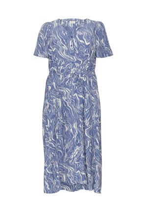 Blue dress with a marble pattern in white, short sleeves, V-neck, elastic waist, and flowing skirt. Soft fabric with a relaxed silhouette.