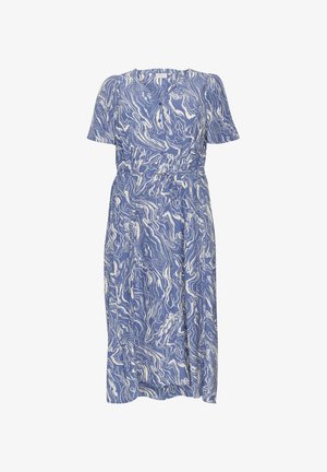 Blå kjole med marmor mønster i hvid, korte ærmer, V-hals, elastisk talje og svajende nederdel. Blødt stof med en afslappet silhuet.