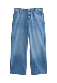 Pantalones vaqueros de pierna ancha en azul claro con cintura alta, cinco bolsillos y dobladillo deshilachado. Hechos de material de algodón con ligero desgaste y detalles desgastados.