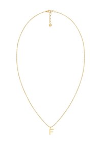 Collar en tono dorado que presenta una fina cadena con un colgante de letra "F" desmontable. El diseño es simple con una textura suave y longitud ajustable.