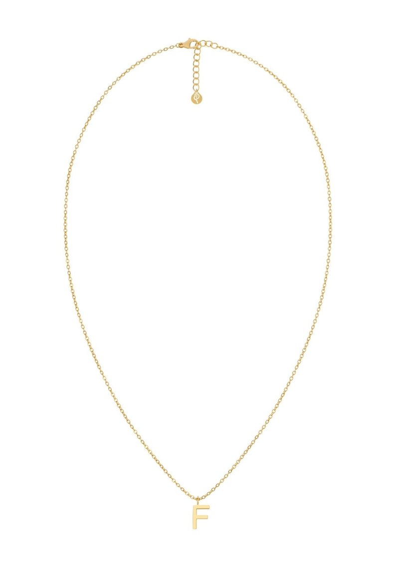 Collar en tono dorado que presenta una fina cadena con un colgante de letra "F" desmontable. El diseño es simple con una textura suave y longitud ajustable.