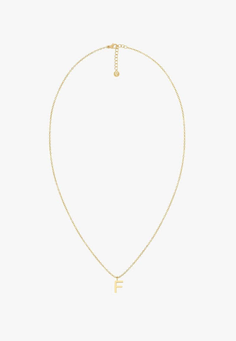 Collar en tono dorado que presenta una fina cadena con un colgante de letra "F" desmontable. El diseño es simple con una textura suave y longitud ajustable.