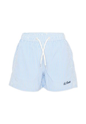 Costume da bagno con righe verticali azzurro chiaro e bianche, coulisse bianca e la scritta "St. Barth" ricamata in nero sulla parte inferiore della gamba sinistra.