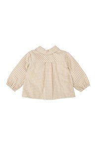 Blusa de cuadros beige claro con mangas largas, cuello redondeado y detalles fruncidos en el pecho. Fabricada con una tela suave y texturizada.