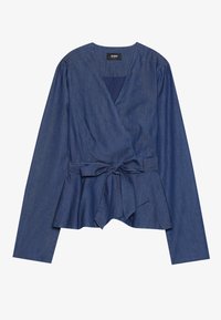 Blusa avvolgente blu scuro in denim, con maniche lunghe, vita con nodo e orlo a peplum con una texture liscia.