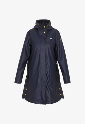 Vodoodpudivý námorníky modrý kabát proti dažďu s vysokým golierom, zlatými detailmi, dvoma prednými vreckami a zapínaním na patentky po stranách.