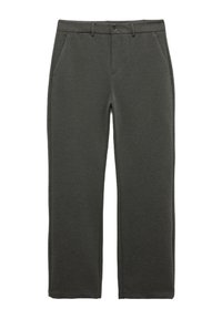 Pantalones de chándal gris oscuro con piernas rectas, fabricados en un material suave. Cuentan con bolsillos y un cierre de botón en la cintura. Diseño sencillo.